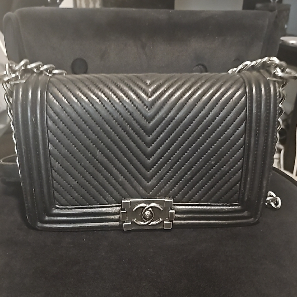 Chanel Black Chevron Leather Boy Flap Bag